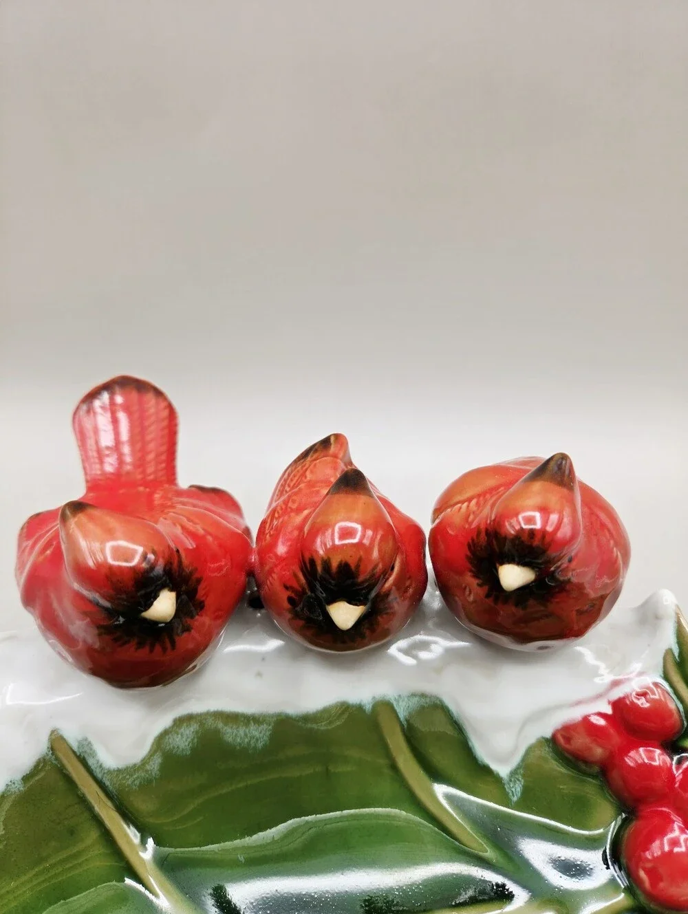 Ceramic Green Leaf Dish with 3 Red Cardinals & Red Berries
